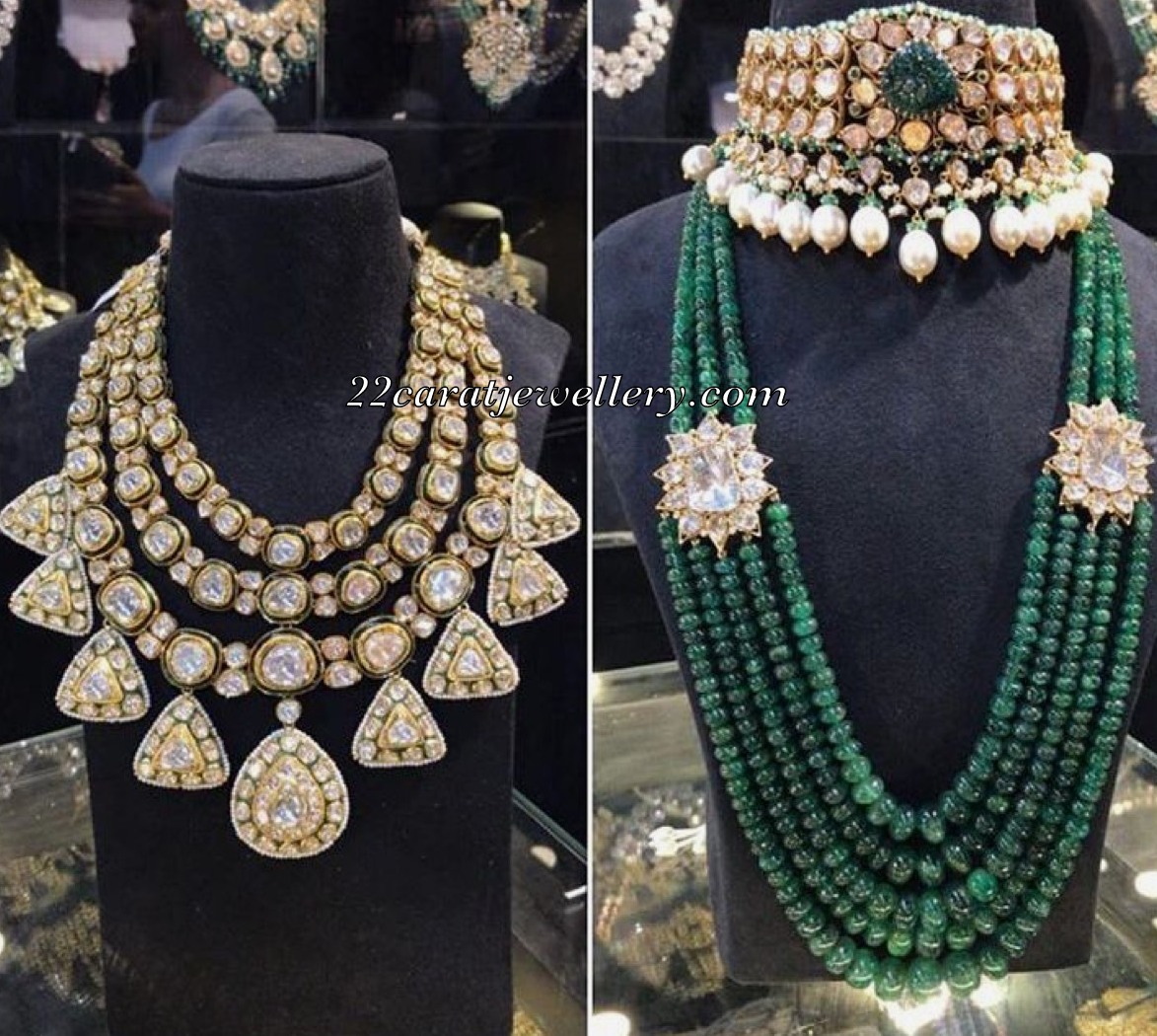 Heavy Polki Choker Green Beads Set - Jewellery Designs
