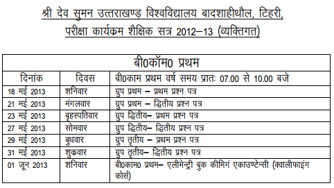 BCom First Year Private Exam 2013 Datesheet | Sri Dev Suman Uttarakhand University Badshahithaul Tehri 