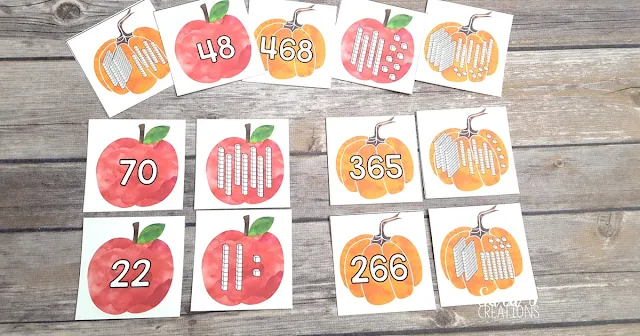 Grab your free Fall Place Value Match Game. This makes the perfect math activity for first, second or third grade.