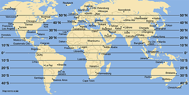 خريطة دوائر العرض لعواصم العالم