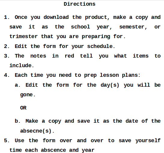substitute plan templates