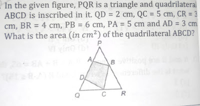 In the given figure , PQR is a triangle and quadrilateral ABCD is inscribed in it . QD = 2 cm , QC = 5 cm , CR = 3 cm , BR = 4 cm , PB = 6 cm , PA = 5 cm and AD = 3 cm . What is the area ( in cm² ) of the quadrilateral ABCD?