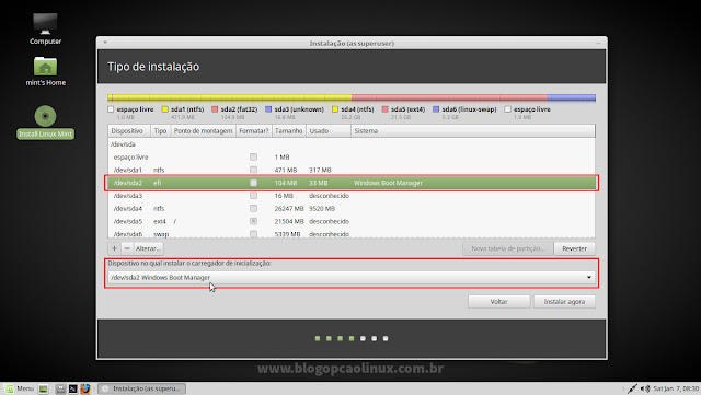 Caso seu computador tenha UEFI, será necessário alterar a partição onde instalar o GRUB Caso seu computador tenha UEFI, será necessário alterar a partição onde instalar o GRUB