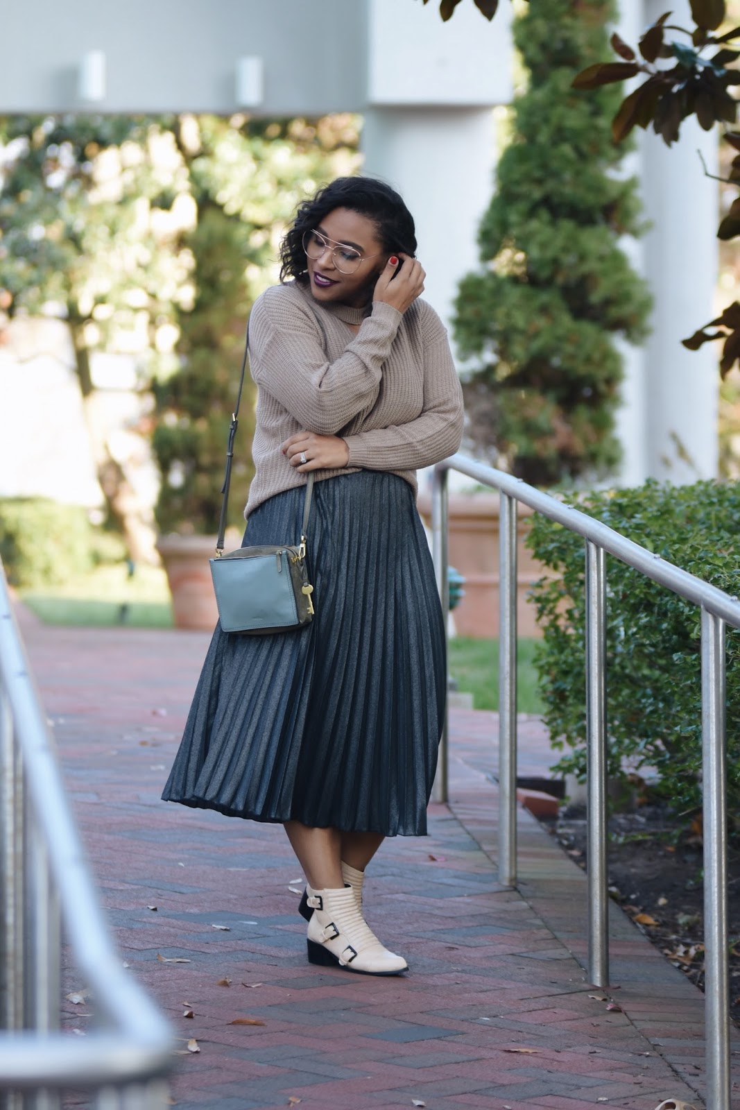 Geek Chic Style, pleated skirt, rainbow, fossil bag, guilty soles, fall booties, clear glasses trend, fall make up looks