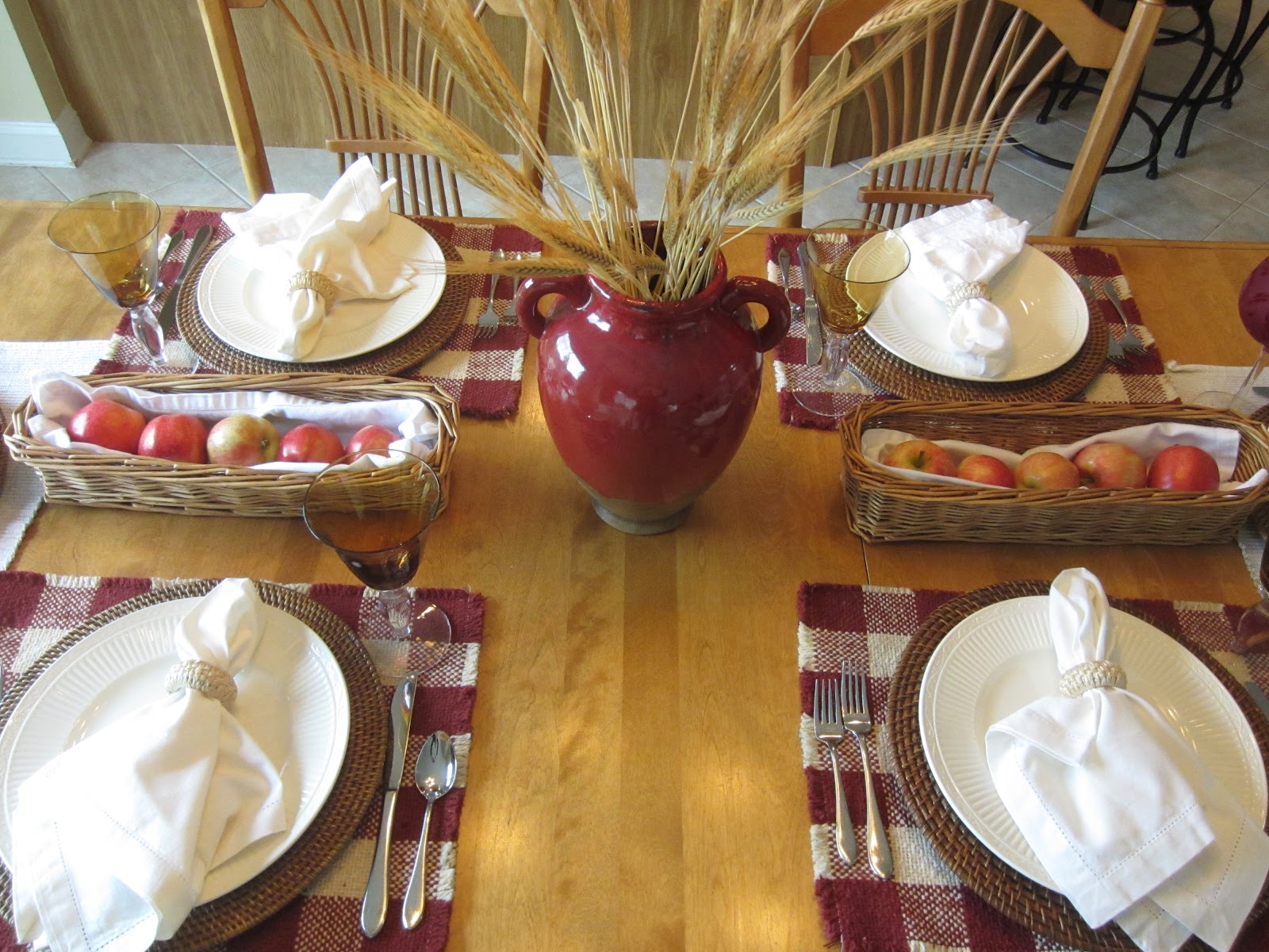 Red and White Fall Table Setting using plaid place mats