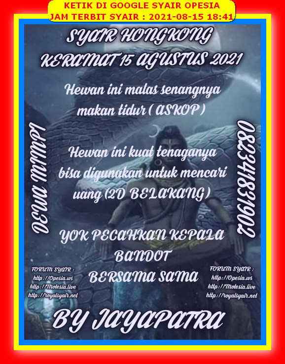 Syair Hongkong Malam Ini 15 Agustus 2021 Opesia Official