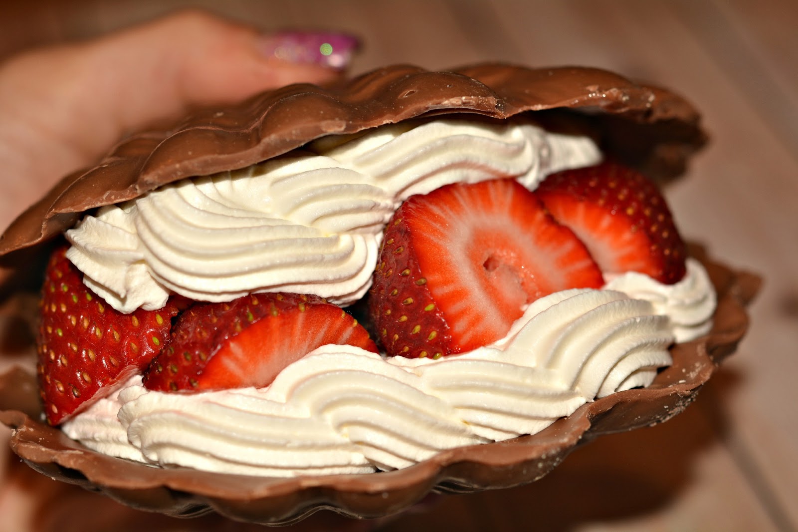 CHOCOLATE SHELL FILLED WITH STRAWBERRIES & WHIPPED CREAM Hugs and