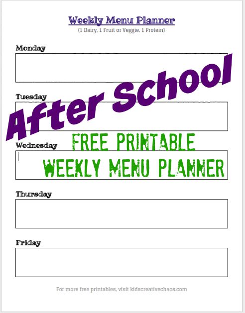 Free Printable After School Snack Ideas: Weekly Menu Planning