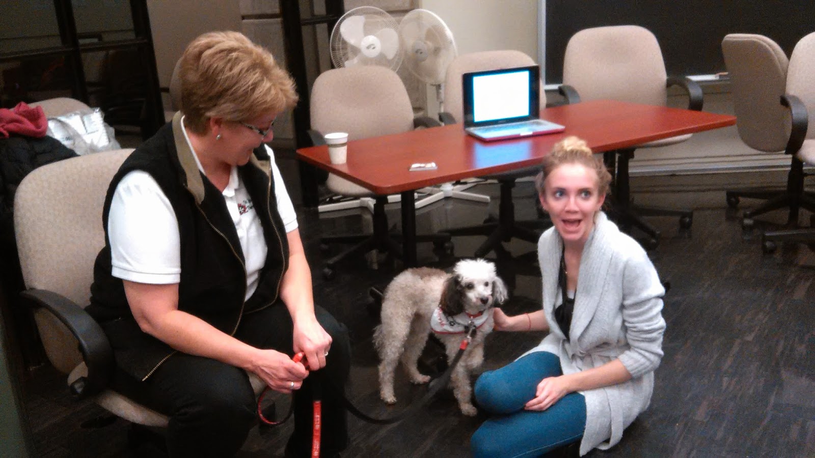 Photo of two women interacting with a dog in a classroom.
