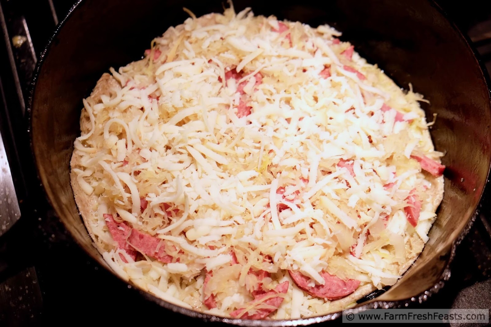 Farm Fresh Feasts Sauerkraut and Summer Sausage Pizza