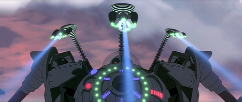 Evil-looking robots that resemble those in the classic War of the Worlds in The Iron Giant