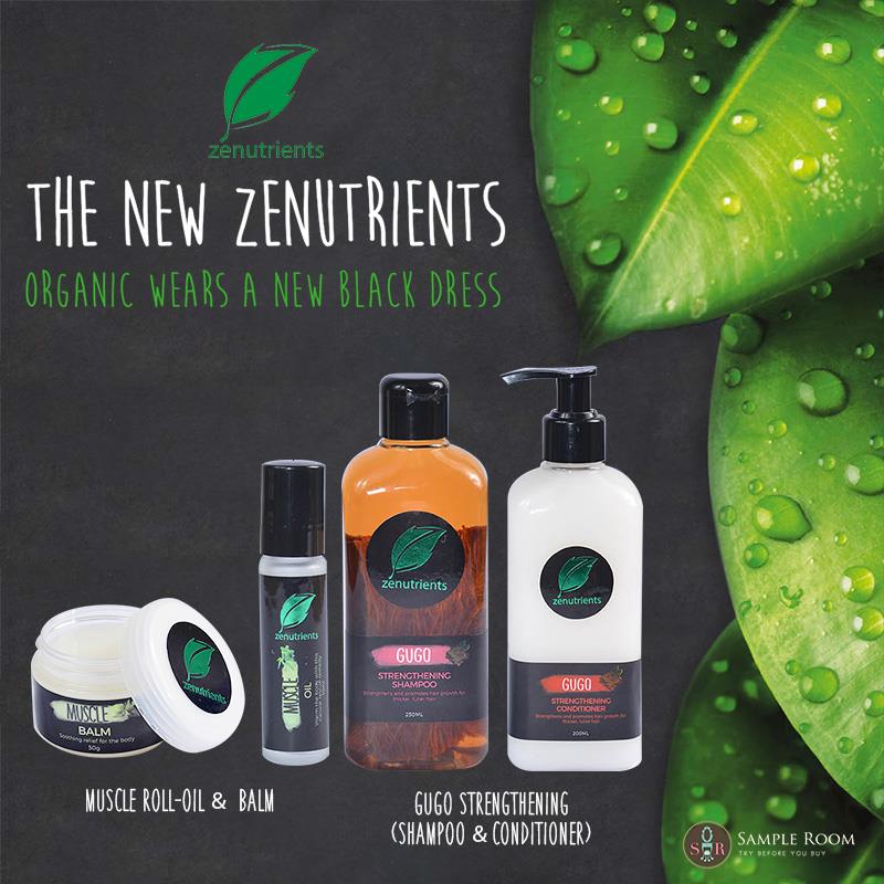 The New Zenutrients Gugo Shampoo and Conditioner Plus the Zenutrients Muscle Mend Roll and Balm