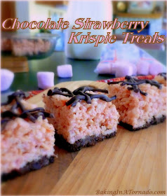 Chocolate Strawberry Krispie Treats are today’s recipe. The old childhood favorite with the added flavors of chocolate and strawberry. | Recipe developed by www.BakingInATornado.com | #recipe #snack