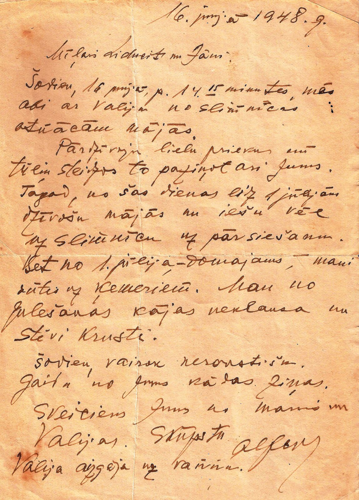 Alffrēda Amtmaņa-Briedīša vēstule māsai Lidijai 1948. g. 16. jūnijā
