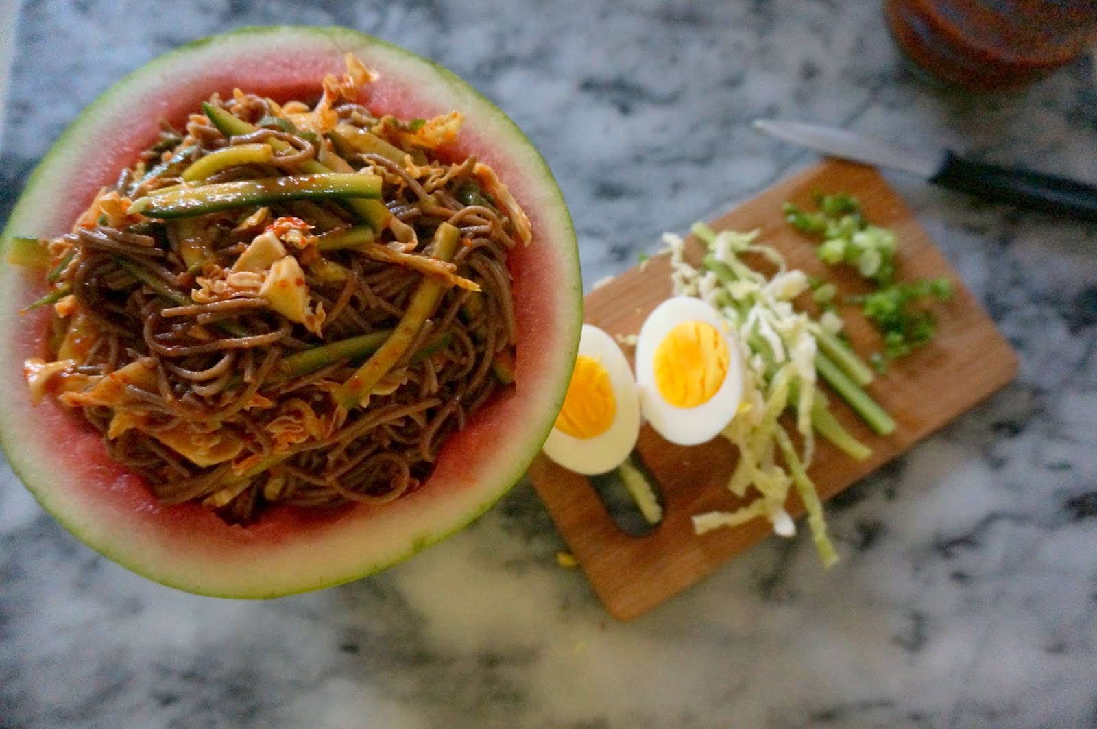 Korean Spicy Watermelon Noodles Soobak Naengmyun (수박냉면)