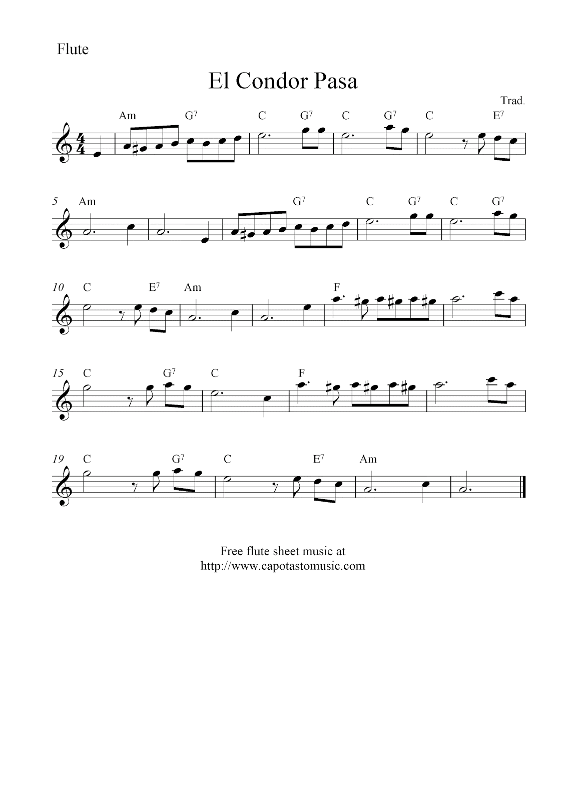 Easy Sheet Music For Beginners El Condor Pasa, free flute sheet music