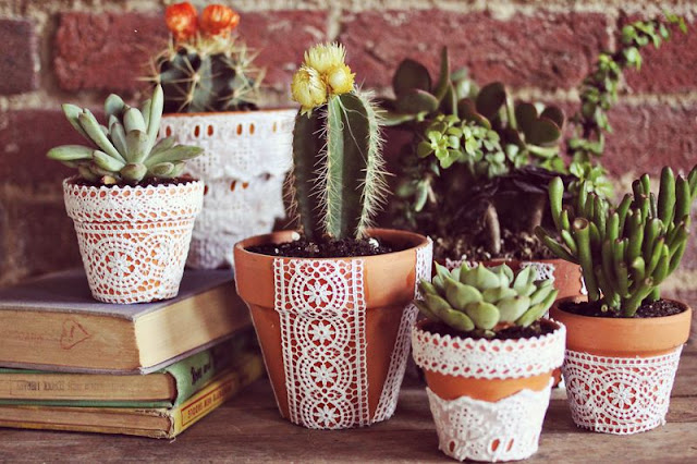 Lace covered clay pots