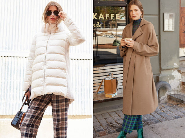 Девушки в белом пуховике и пальто цвета кэмел в брюках в клетку