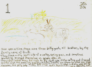 Storyboard scene 1: goats looking at hill across stream.