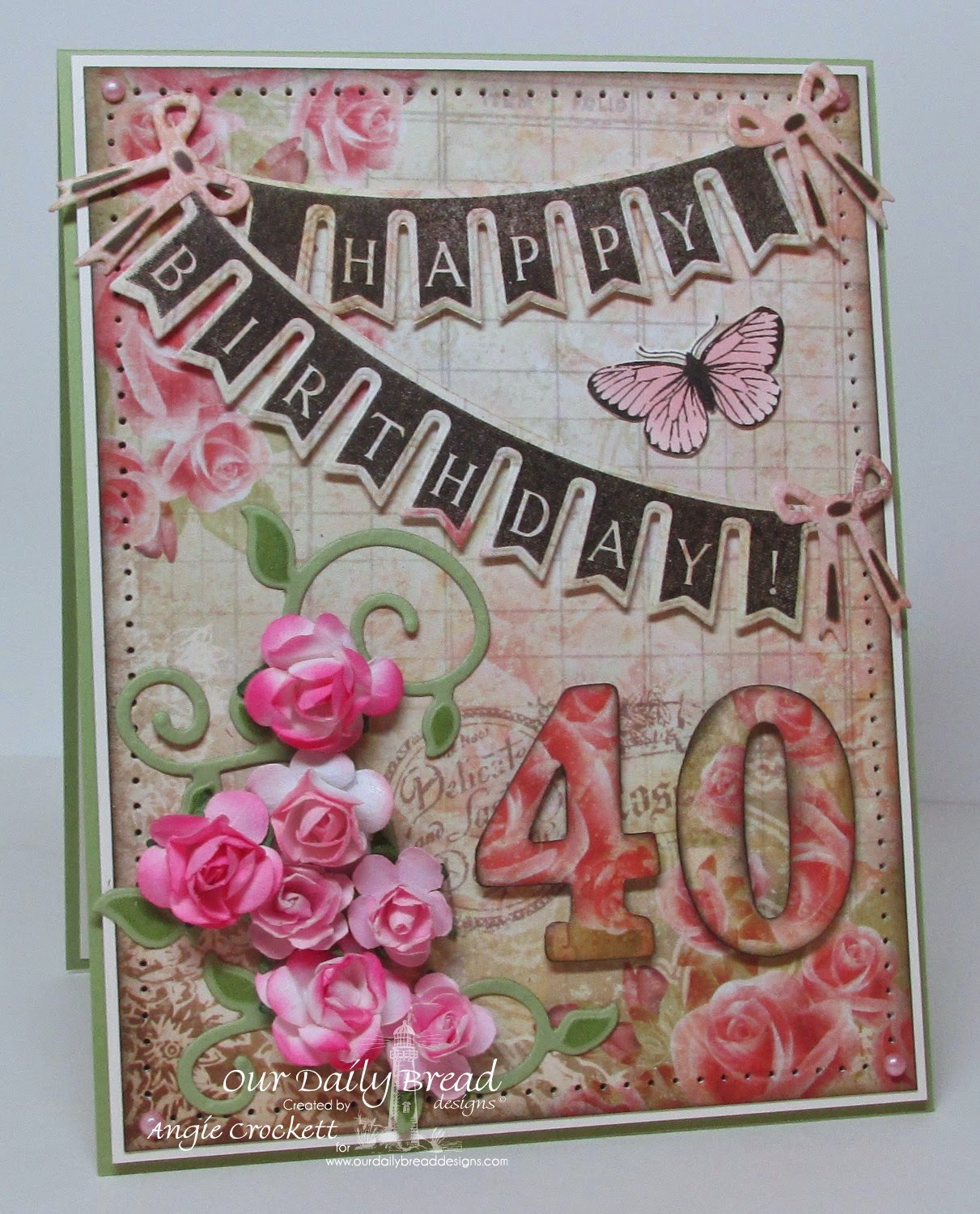 ODBD Pennant Swag Die, Pennant Swag 2, Blushing Rose Collection, ODBD Custom Fancy Foliage Dies, Butterfly Stamped-By Mini, Card Designer Angie Crockett