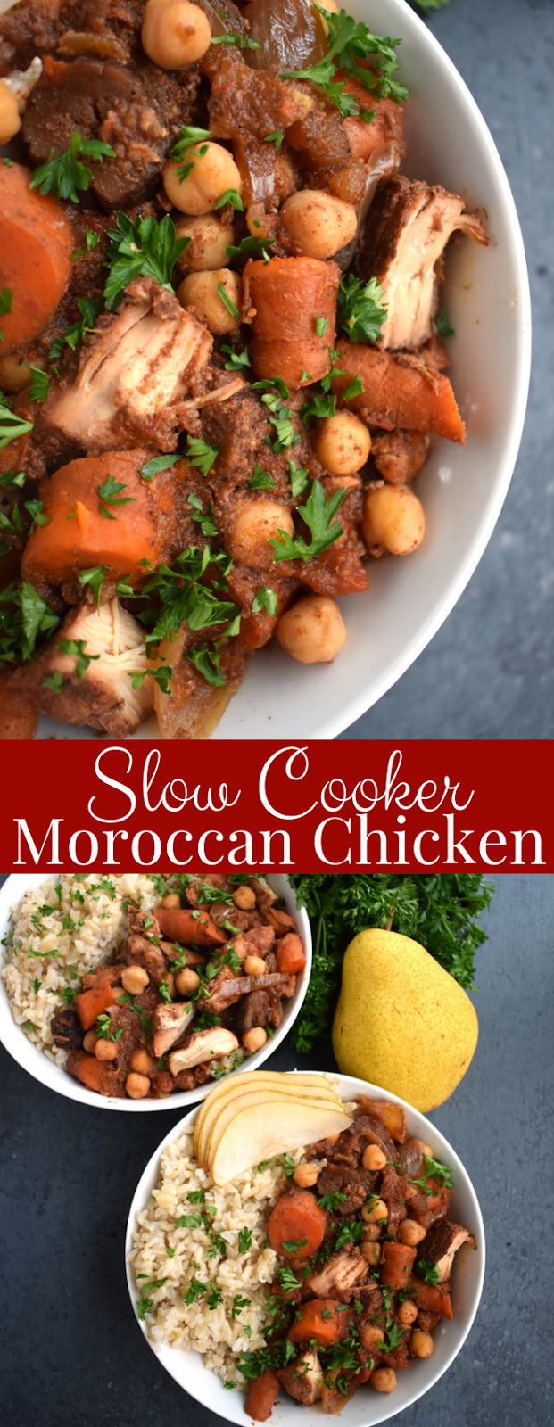 Slow Cooker Moroccan Chicken is loaded with flavor, tender chicken, carrots, chickpeas, pears, Moroccan spices and more for the perfect cozy meal! Serve over brown rice, cauliflower rice or quinoa. www.nutritionistreviews.com #healthy #cleaneating #dinner #slowcooker #chicken #crockpot