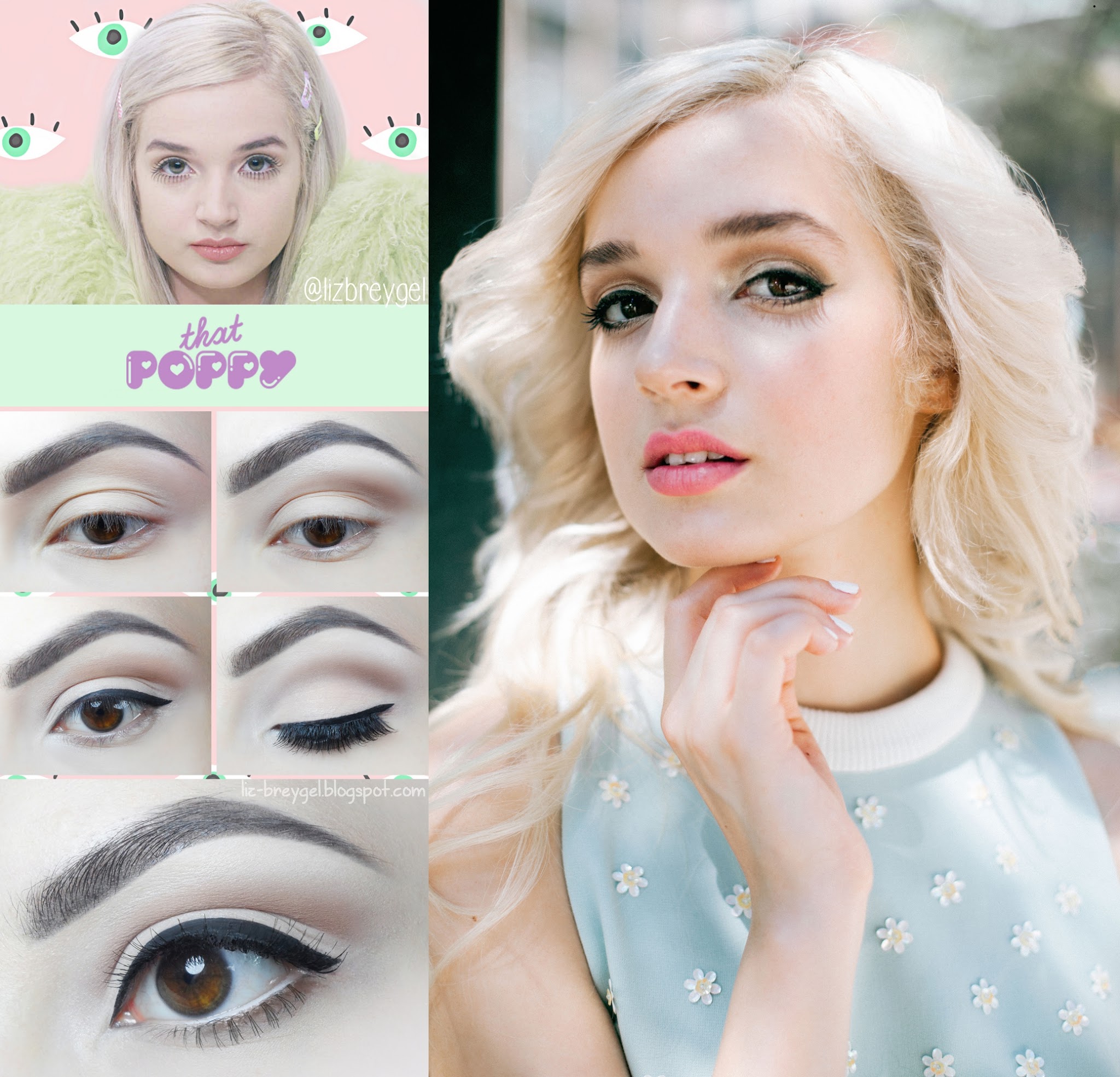 makeup collage and pcitorial that shows how to do that poppy makeup look