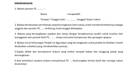 Contoh Surat Keluar Dari Klub Sepak Bola