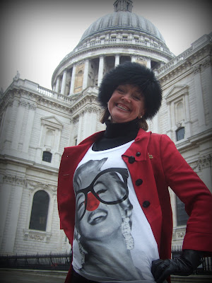 Sophie Neville on Red Nose Day wearing a T-Shirt designed by Stella McCartney for Comic Relief