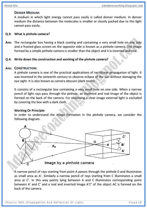 Adamjee Coaching Propagation and Reflection of Light Question
