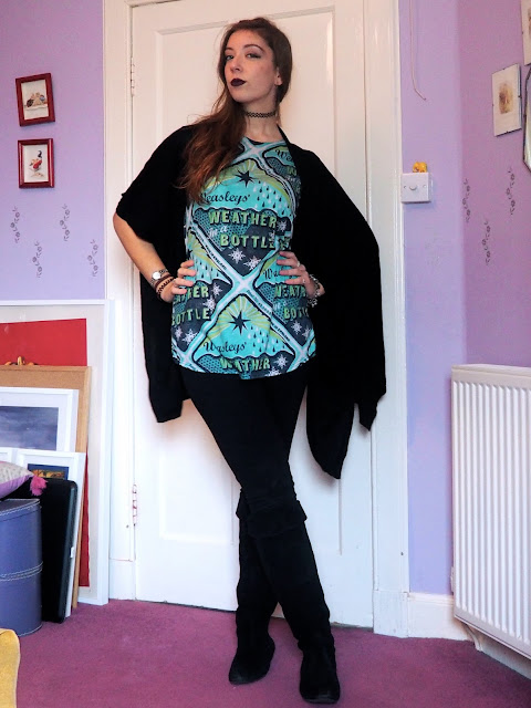 Mystical Mischief - Halloween witch inspired outfit of Harry Potter top, with black cardigan, leggings & knee high boots