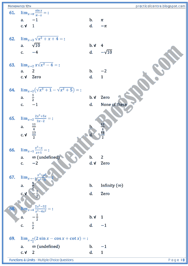 Functions & Limits MCQs Mathematics XII Practical Centre