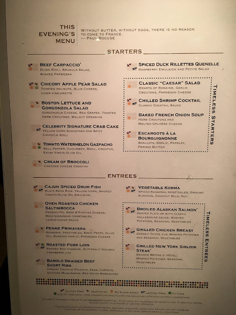 Celebrity Cruises main dining room menu