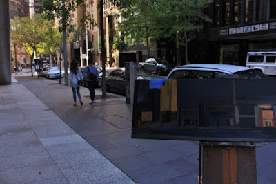 plein air oil Painting  of Panorama of Castlereagh st, from Hunter st to Martin Place' by industrial heritage artist Jane Bennett