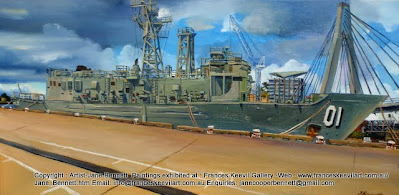 Marine Art-plein air oil painting of ex HMAS Adelaide at Glebe Island Wharf by marine and industrial heritage artist Jane Bennett