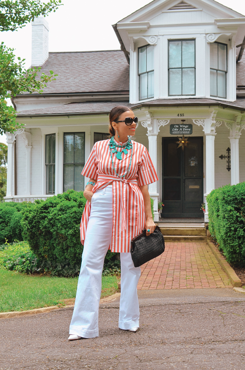 white dress with turquoise jewelry