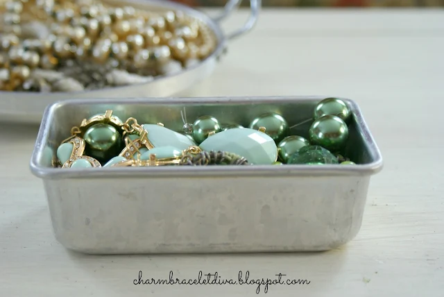 vintage mini baking tin green stones pearls