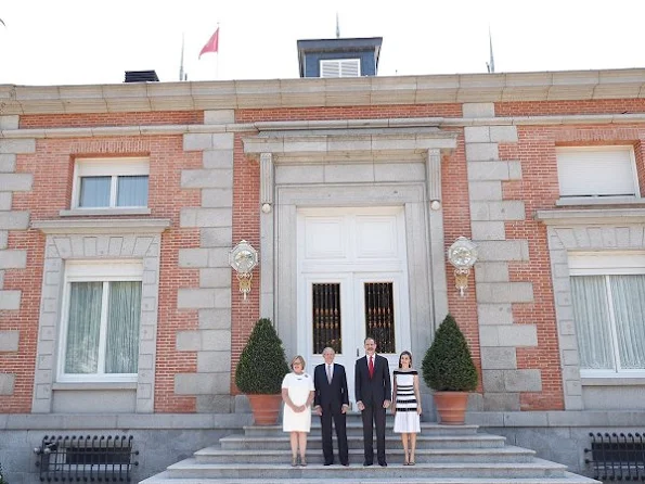 King Felipe and Queen Letizia, President Pedro Pablo Kuczynski and wife Nancy Lange. Queen Letizia wore Carolina Herrera Striped Off-The-Shoulder Knit Dress