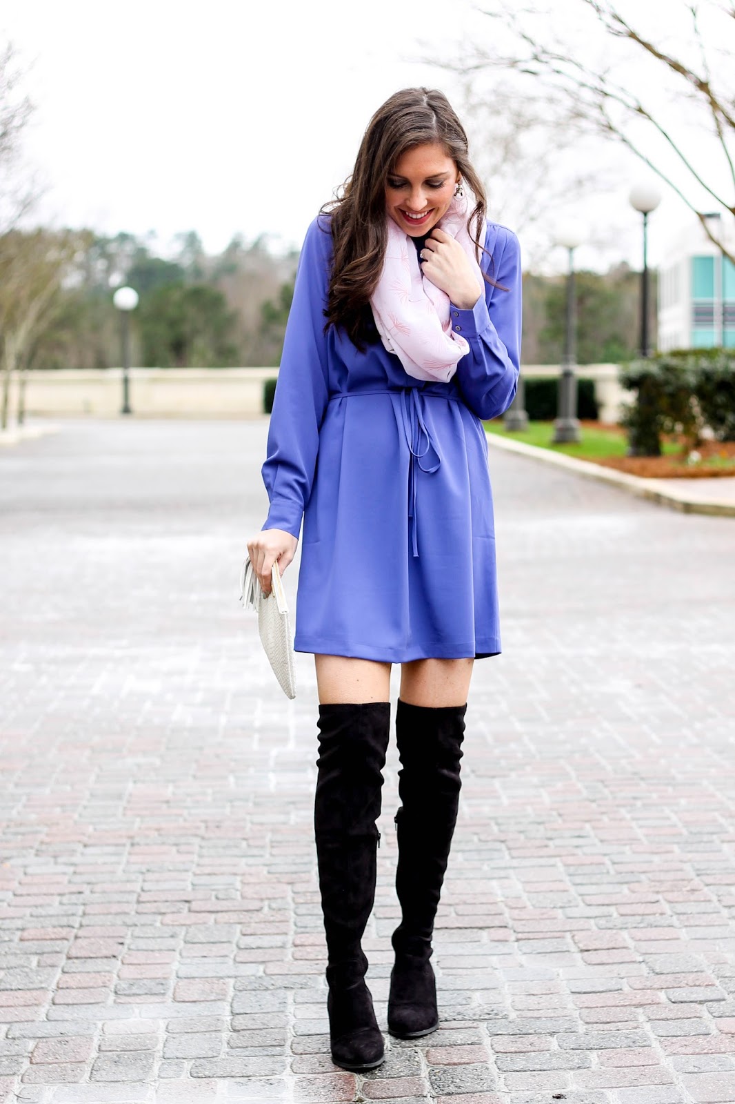 Purple Shirtdress, LOFT shirtdress, LOFT dress for winter and spring, work outfit ideas, winter outfit idea, winter trends, pastel scarf, nordstrom infinity scarf, black over the knee boots, suede boots, pretty in the pines, nc fashion blogger, fashion trends of 2016