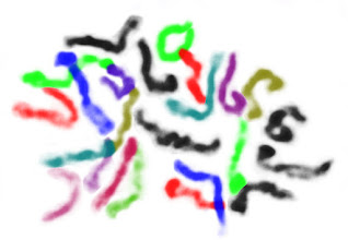 Microscope image of chromosomes, false-colored to help visually distinguish individual chromosomes.