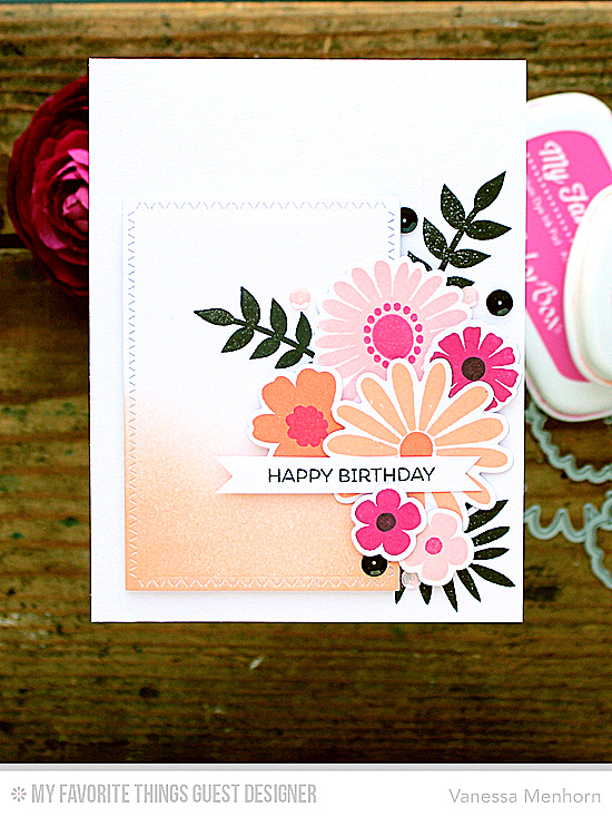 Floral Birthday Card by Vanessa Menhorn featuring the Large Desert Bouquet stamp set and Die-namics, the Birdie Brown Birthday Bears stamp set, and the Zig Zag Stitched Rectangle STAX Die-namics #mftstamps