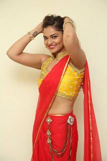 Ashwini Actress in Cute Red Saree Spicy Golden Choli Smiling Beauty Ashwini Feb 2017