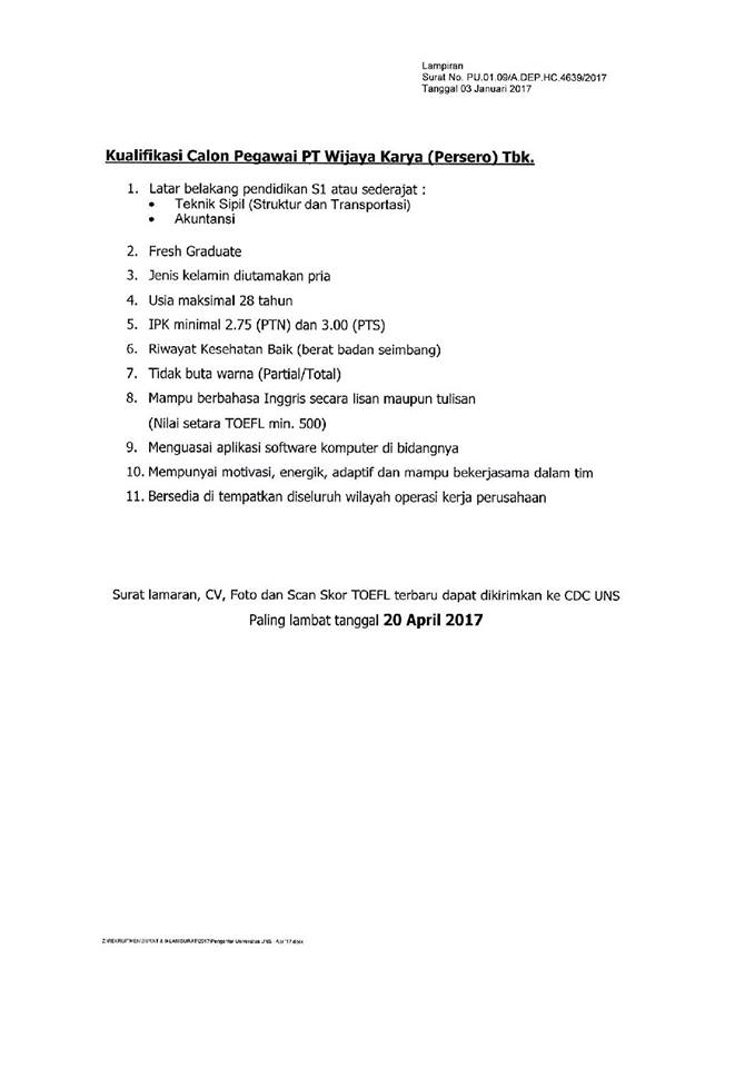 Lowongan Kerja Fresh Graduate PT Wijaya Karya (Persero) Tbk Via UNS Lowongan Kerja Fresh Graduate PT Wijaya Karya (Persero) Tbk Via UNS
