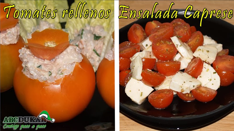ensalada caprese y tomates rellenos