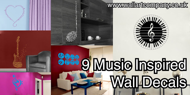 9 Music inspired wall decals for home decorating for those playing musical instruments or just love to listen to music. Music is my life style contemporary designs to fit in with any home decorating.