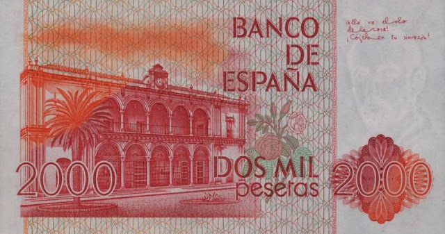 Spain Money 2000 Pesetas banknote 1980 Town Hall building in Moguer