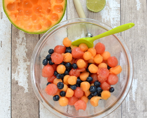 Summer's Best Melon Ball & Blueberry Salad, another Summer Easy recipe ♥ KitchenParade.com. Beautiful Color. Great for Potlucks & Light Weeknight Meals. Weight Watchers Friendly.