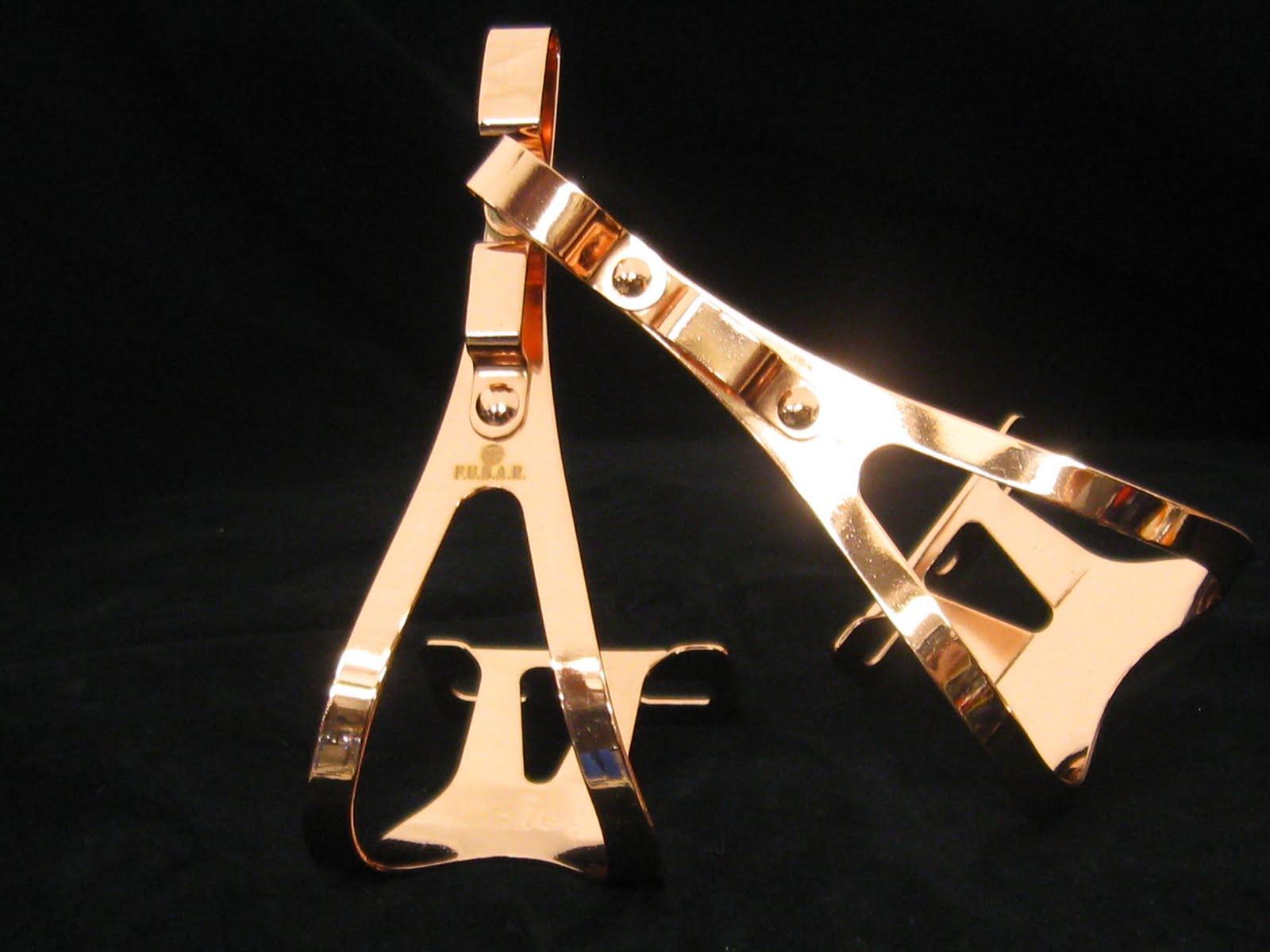 Fixed Gear Bicycle Copper plated toe clips and pedals Now in stock.