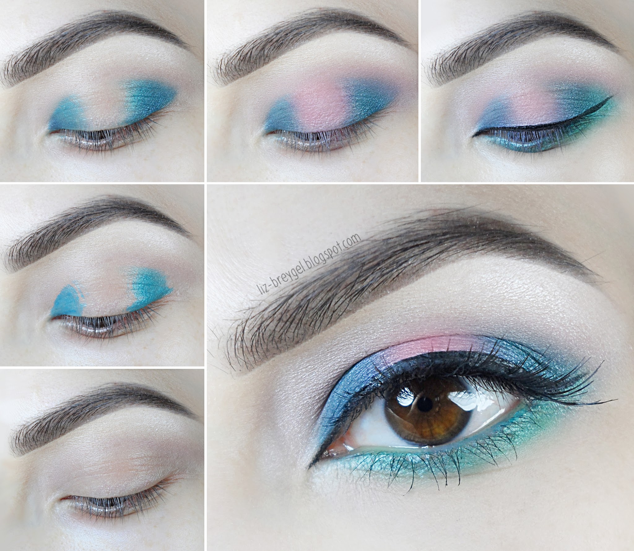 a step-by-step pictorial that shows how to do a blue, pink and green eye makeup inspired by alexandrite stone