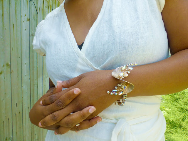 vintage rhinestone bracelet worn with wrap dress