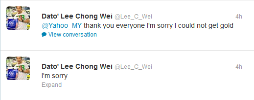 Lee Chong Wei Minta Maaf Melalui Twitter.